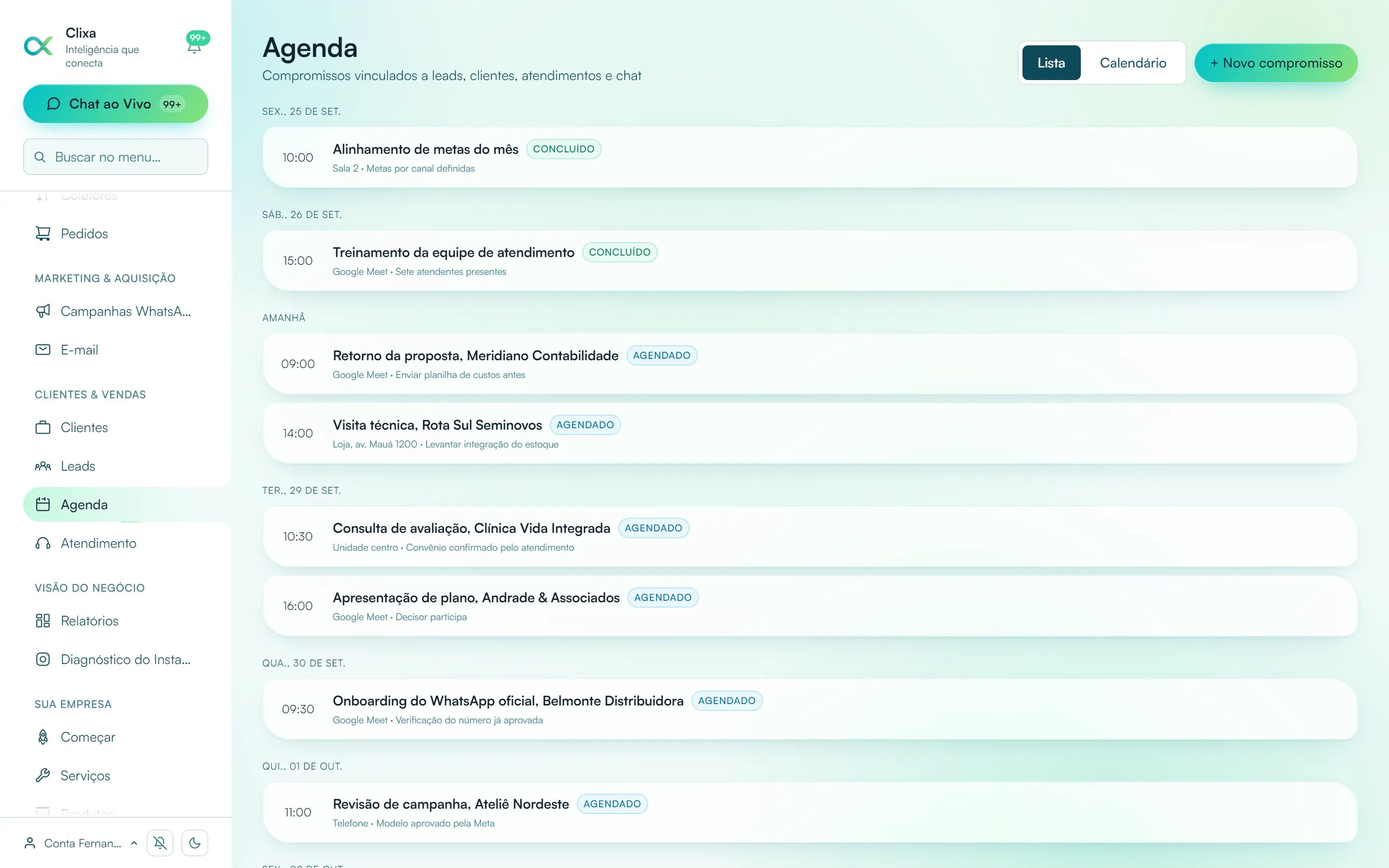 Agenda do Clixa com os compromissos da semana, vinculados a leads, clientes e conversas