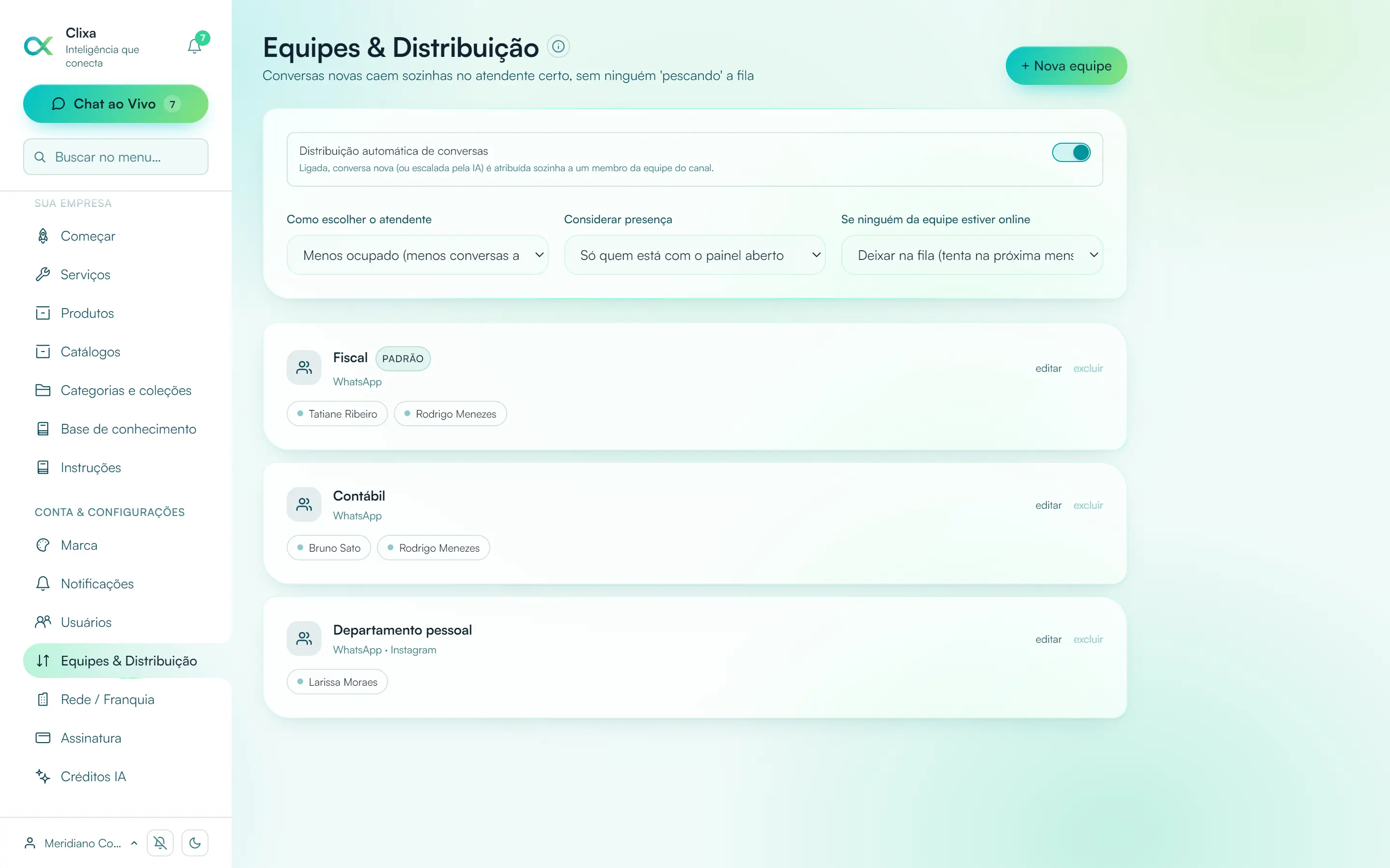 Equipes e distribuição automática de conversas no Clixa